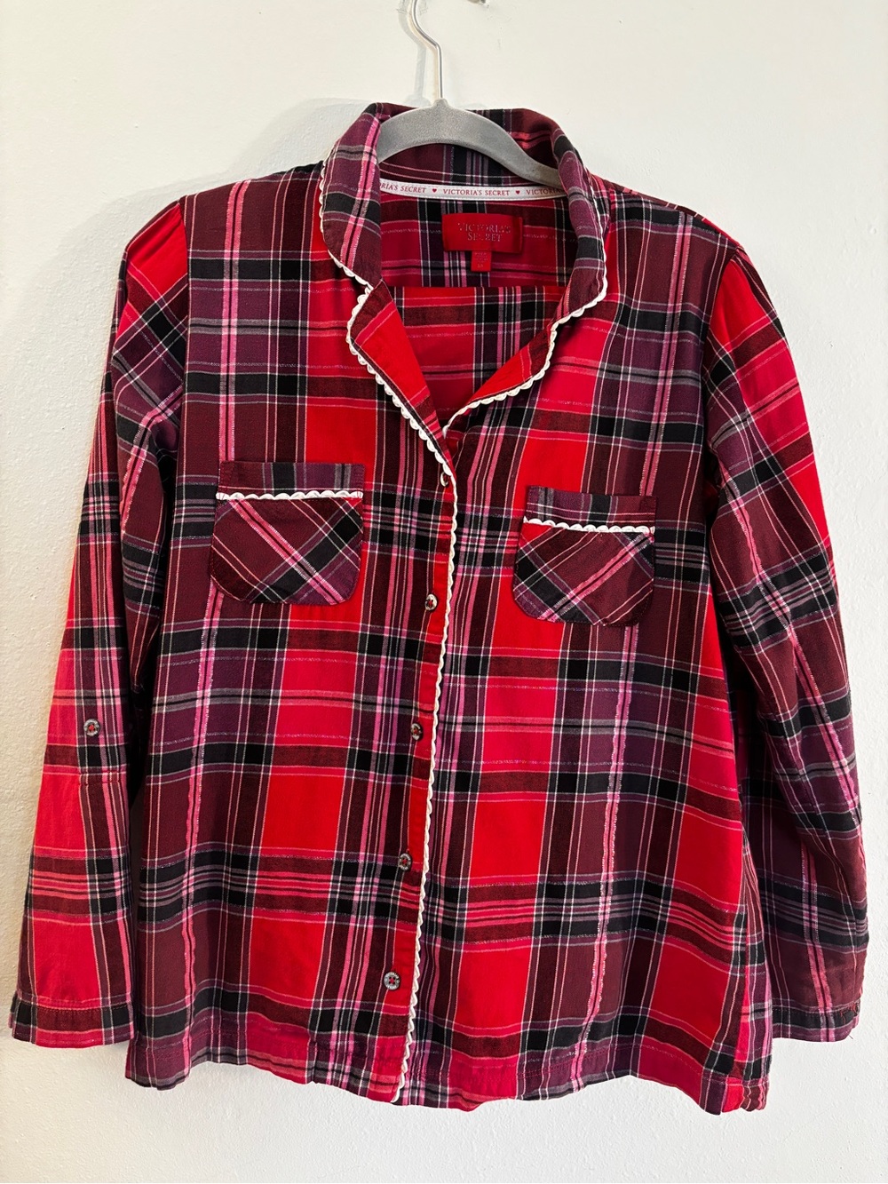 SET Victorias Secret Dreamer Pink/Red Plaid Shimmer Flannel Pajama Scalloped Hem